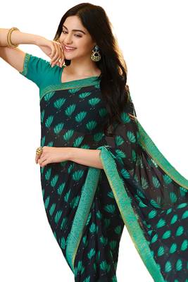 Blue printed georgette  saree with blouse 4