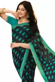 Blue printed georgette  saree with blouse