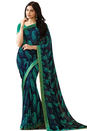 Blue printed georgette  saree with blouse