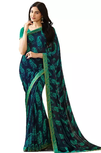 Blue printed georgette  saree with blouse