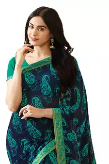 Blue printed georgette  saree with blouse