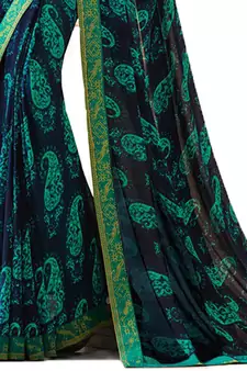 Blue printed georgette  saree with blouse