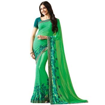 Green printed georgette  saree with blouse 1