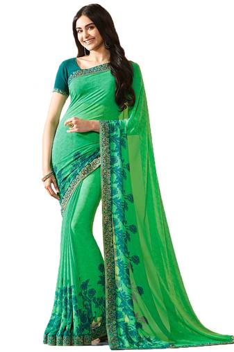 Green printed georgette  saree with blouse