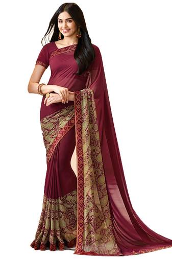 Maroon printed georgette  saree with blouse