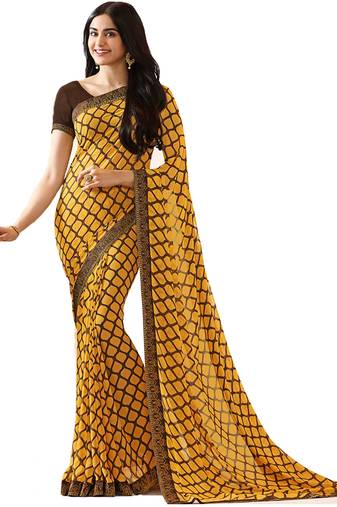 Yellow printed georgette  saree with blouse