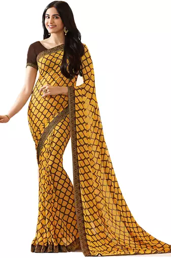 Yellow printed georgette  saree with blouse