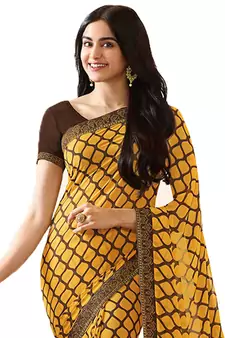 Yellow printed georgette  saree with blouse