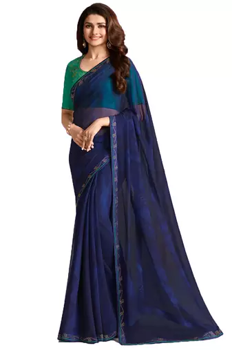 Blue printed georgette saree with blouse