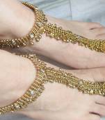 Anklet Antique Gold Tone Payal Pair , Attached Toe Ring An124