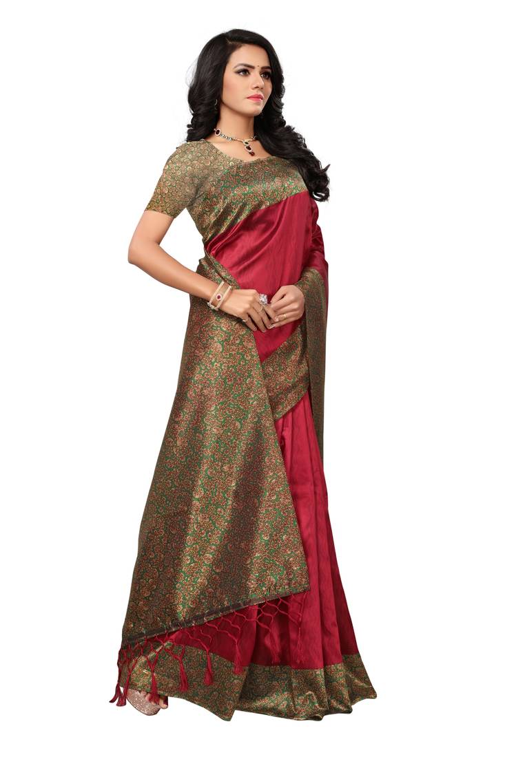 Women's Satin Burgundy Printed Designer Saree With Blouse Piece