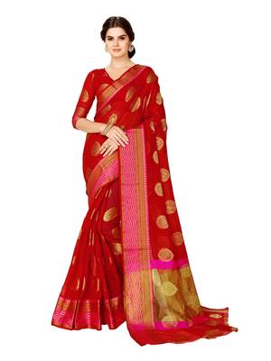 Red woven jacquard saree with blouse 1