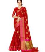 Red woven jacquard saree with blouse