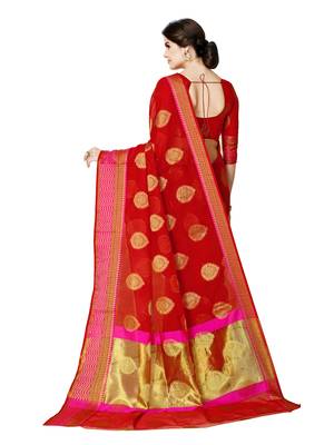 Red woven jacquard saree with blouse 3