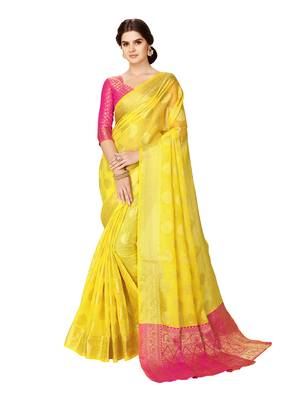 Yellow woven jacquard saree with blouse 1