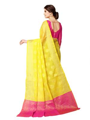 Yellow woven jacquard saree with blouse 3