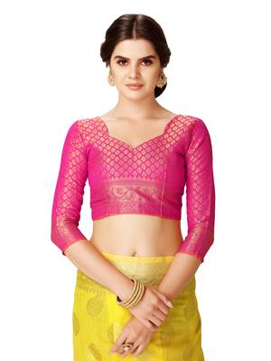 Yellow woven jacquard saree with blouse 4