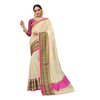 Off white woven cotton silk saree with blouse 1