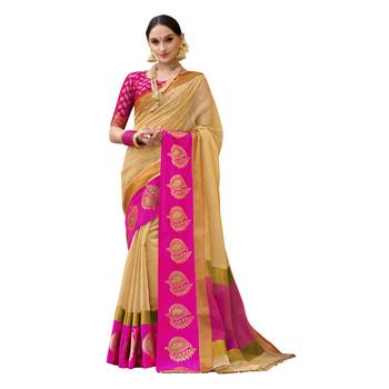 Beige  woven cotton silk saree with blouse 1