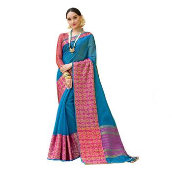 Blue woven cotton silk saree with blouse 1