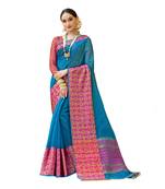 Blue woven cotton silk saree with blouse