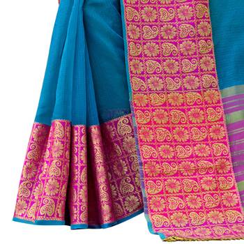 Blue woven cotton silk saree with blouse 4