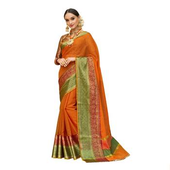 Orange woven cotton silk saree with blouse 1
