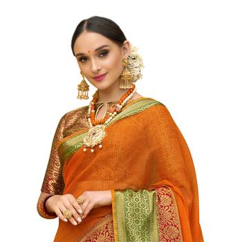 Orange woven cotton silk saree with blouse 2