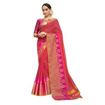 Pink woven cotton silk saree with blouse 1