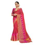 Pink woven cotton silk saree with blouse
