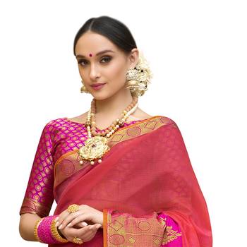 Pink woven cotton silk saree with blouse 2
