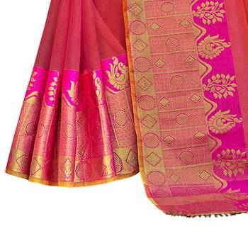 Pink woven cotton silk saree with blouse 4