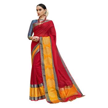 Red woven cotton silk saree with blouse 1