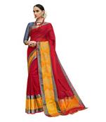 Red woven cotton silk saree with blouse