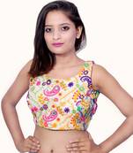 Cream Embroidred Art Silk Backless Stitched Blouse