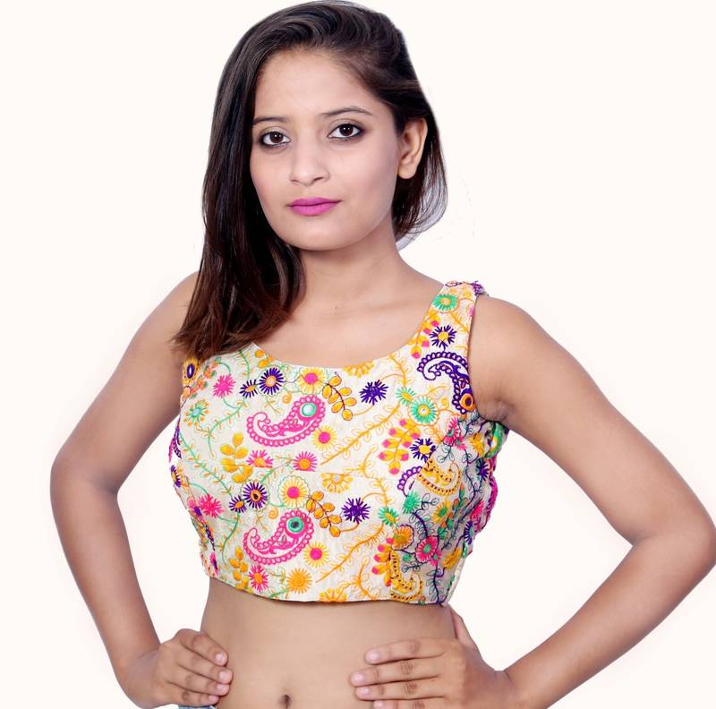 Cream Embroidred Art Silk Backless Stitched Blouse
