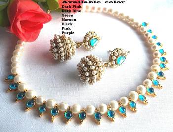 Sea Blue Pearl Gota Necklace Set 1