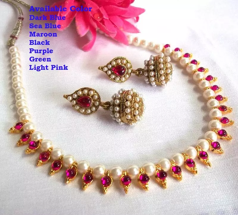 Dark pink pearl necklace set