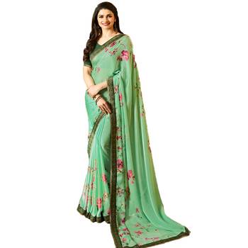 Green printed georgette  saree with blouse 1