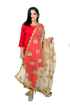 Golden net dupatta with embroidery work 1