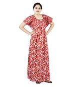 Red and white colour floral design printed square neck cotton nighty for ladies free size nightwear