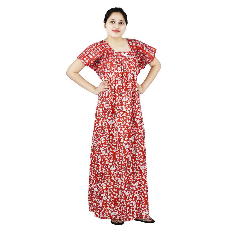 Red and white colour floral design printed square neck cotton nighty for ladies free size nightwear