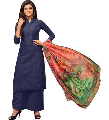 Navy Blue Cambric Cotton Printed & Embroidered Women's Palazzo Suit 1