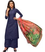 Navy Blue Cambric Cotton Printed & Embroidered Women's Palazzo Suit