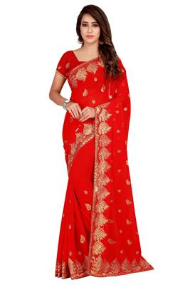 Red embroidered faux georgette saree with blouse 1