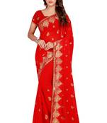 Red embroidered faux georgette saree with blouse