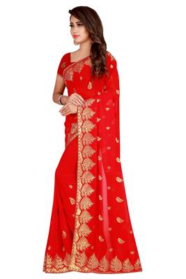 Red embroidered faux georgette saree with blouse 2