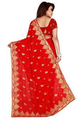 Red embroidered faux georgette saree with blouse 3