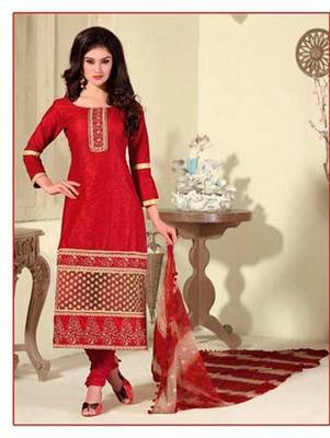 Red and Beige Cotton Jaqcuard Party Wear Straight Suit 1