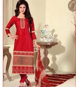 Red and Beige Cotton Jaqcuard Party Wear Straight Suit
